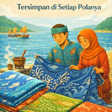Motif batik pesisir bertema laut dengan simbol ombak, ikan, dan unsur maritim