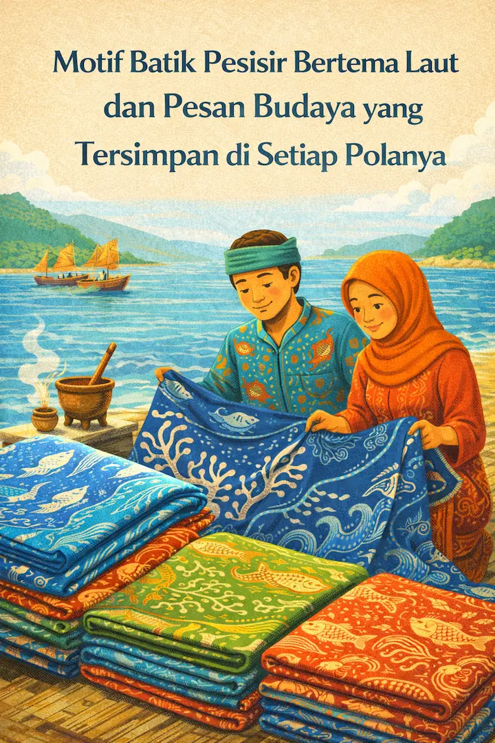 Motif batik pesisir bertema laut dengan simbol ombak, ikan, dan unsur maritim