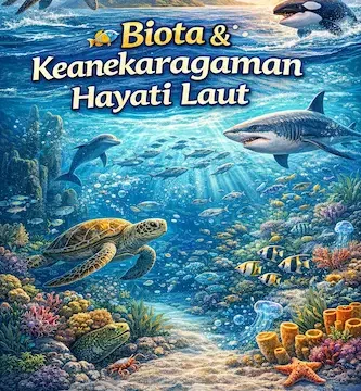 Ilustrasi animasi biota dan keanekaragaman hayati laut dalam ekosistem laut yang menjaga keseimbangan alam