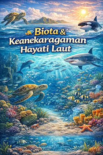 Ilustrasi animasi biota dan keanekaragaman hayati laut dalam ekosistem laut yang menjaga keseimbangan alam