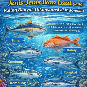 Ilustrasi berbagai jenis-jenis ikan laut yang paling banyak dikonsumsi di Indonesia seperti tuna, tongkol, dan kakap di perairan tropis.