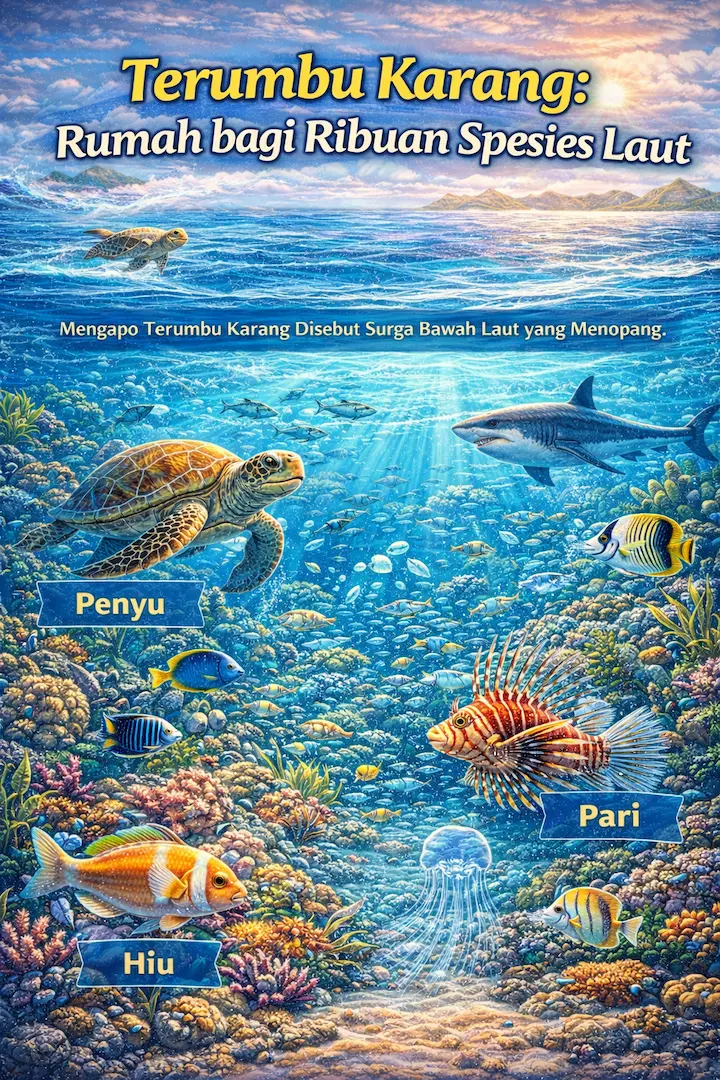 Ilustrasi terumbu karang sebagai rumah bagi ribuan spesies laut di ekosistem laut tropis Indonesia