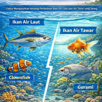Ilustrasi perbandingan ikan air laut dan ikan air tawar dengan latar belakang habitat berbeda.