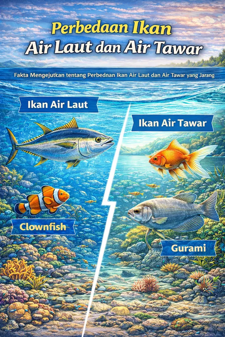 Ilustrasi perbandingan ikan air laut dan ikan air tawar dengan latar belakang habitat berbeda.