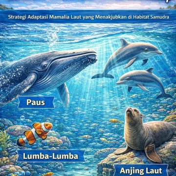Ilustrasi animasi mamalia laut seperti paus, lumba-lumba, dan anjing laut di habitat lautan biru