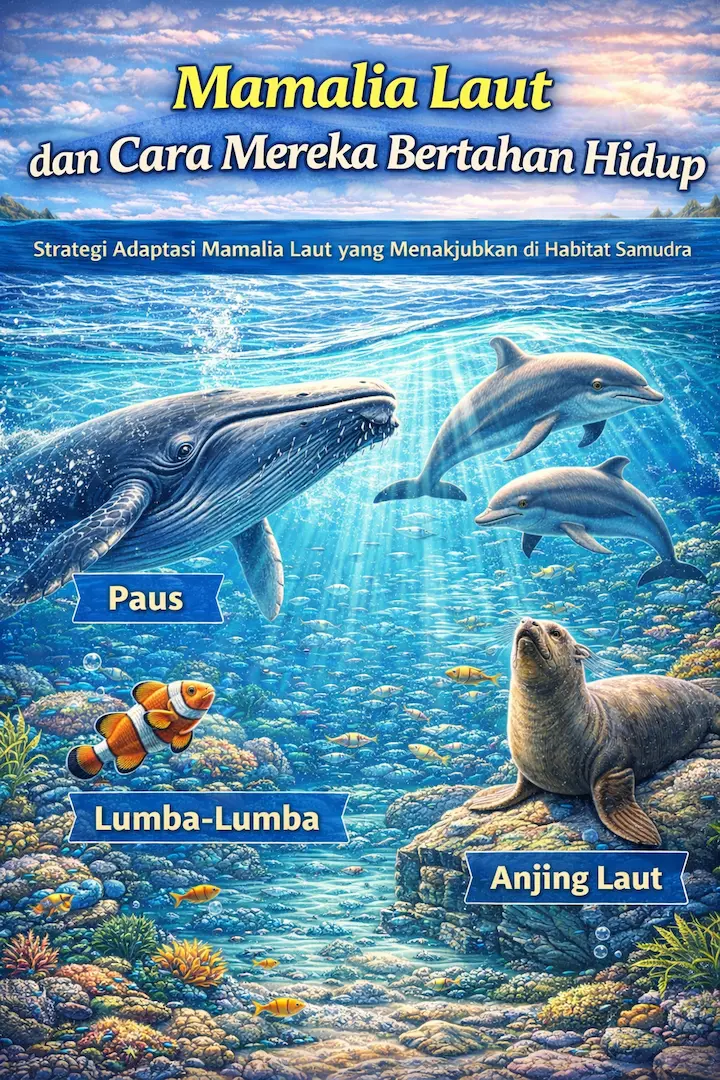 Ilustrasi animasi mamalia laut seperti paus, lumba-lumba, dan anjing laut di habitat lautan biru