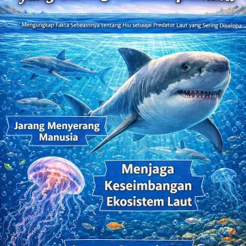 Ilustrasi animasi hiu sebagai predator laut yang menjaga keseimbangan ekosistem laut