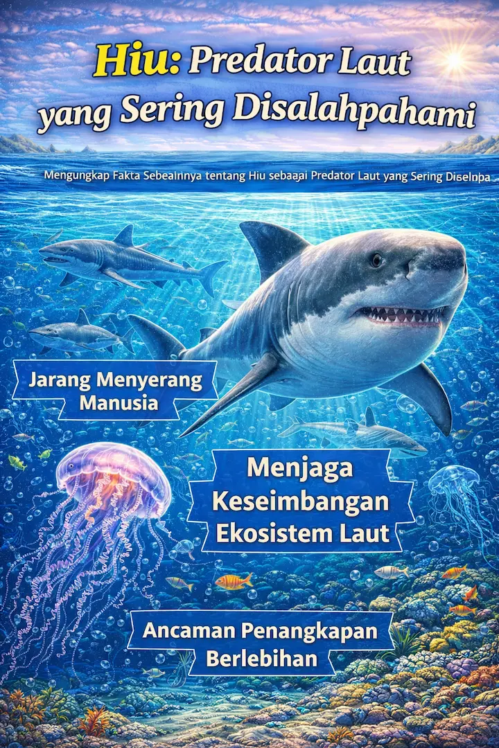 Ilustrasi animasi hiu sebagai predator laut yang menjaga keseimbangan ekosistem laut