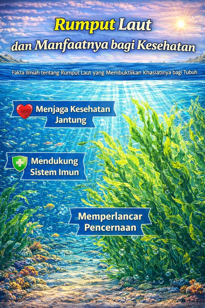 Ilustrasi animasi rumput laut hijau di perairan dangkal dengan sorotan manfaat kesehatan Judul Formal Clickbait: Fakta Ilmiah tentang Rumput Laut yang Membuktikan Khasiatnya bagi Tubuh