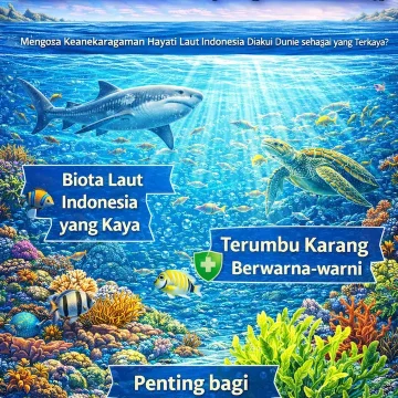 Ilustrasi animasi terumbu karang dan ikan tropis sebagai simbol keanekaragaman hayati laut Indonesia yang mendunia