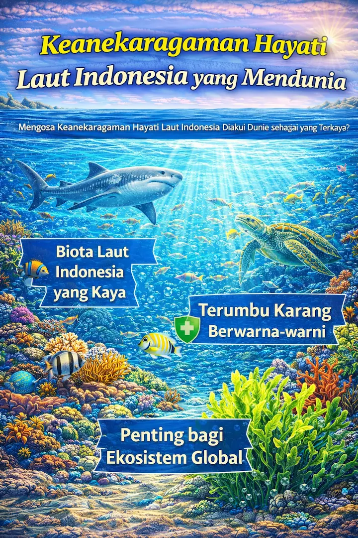Ilustrasi animasi terumbu karang dan ikan tropis sebagai simbol keanekaragaman hayati laut Indonesia yang mendunia