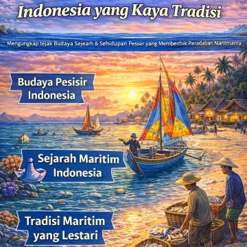 Ilustrasi budaya pesisir Indonesia dengan perahu tradisional, nelayan, dan suasana desa pantai saat matahari terbenam