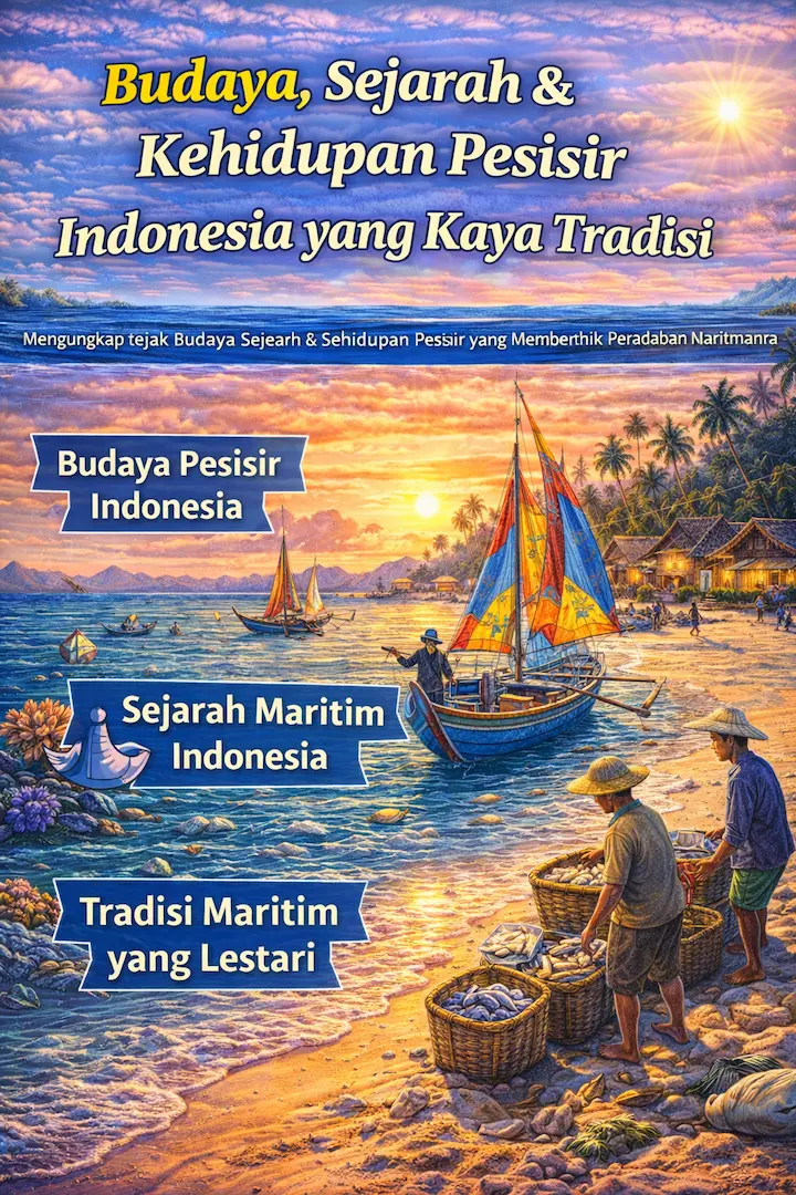 Ilustrasi budaya pesisir Indonesia dengan perahu tradisional, nelayan, dan suasana desa pantai saat matahari terbenam
