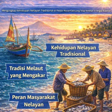 Ilustrasi kehidupan nelayan tradisional di pesisir Nusantara dengan perahu kayu dan aktivitas bongkar ikan di tepi pantai