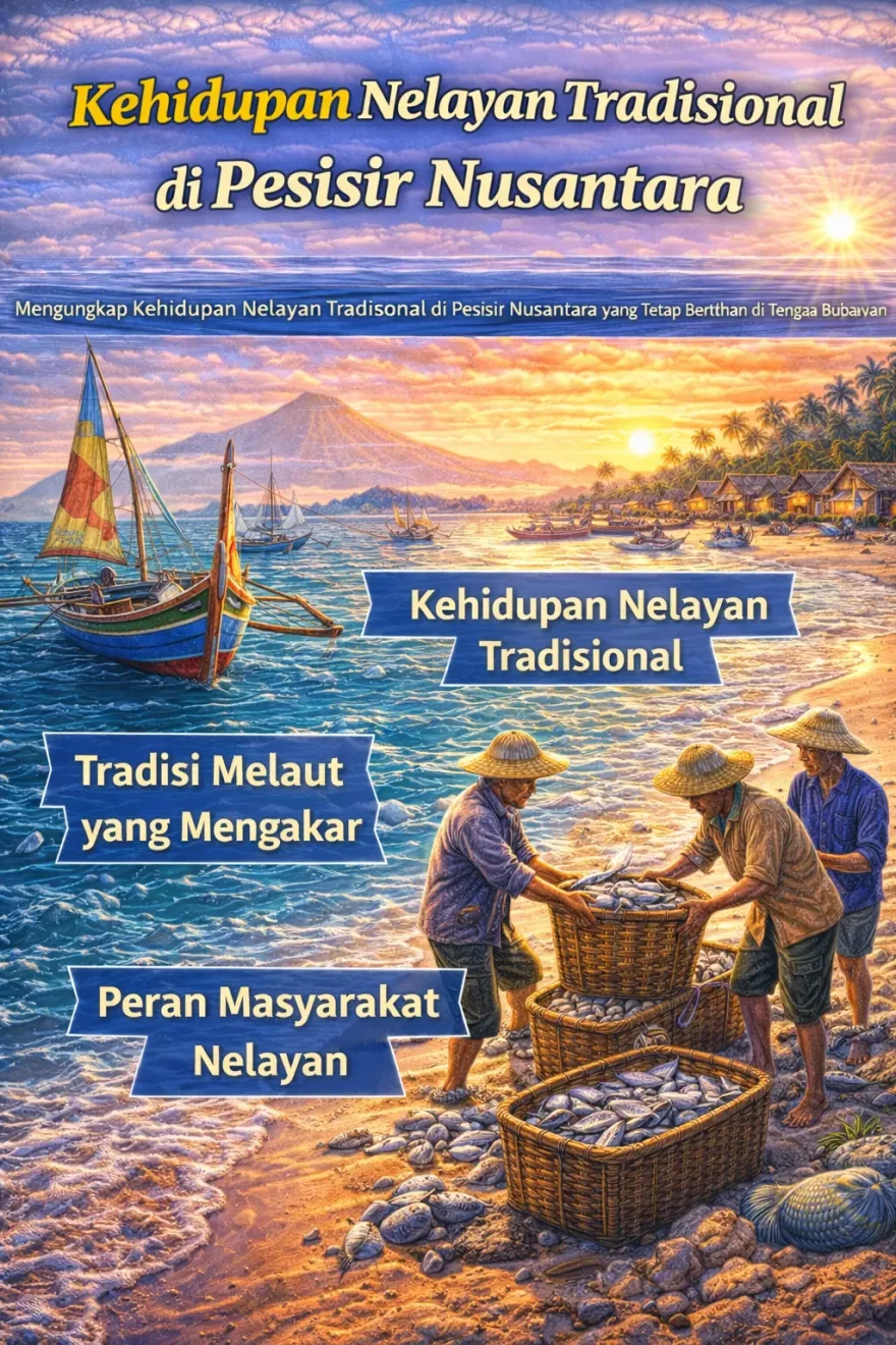 Ilustrasi kehidupan nelayan tradisional di pesisir Nusantara dengan perahu kayu dan aktivitas bongkar ikan di tepi pantai