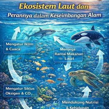 Ilustrasi ekosistem laut yang menunjukkan interaksi biota laut dalam menjaga keseimbangan alam