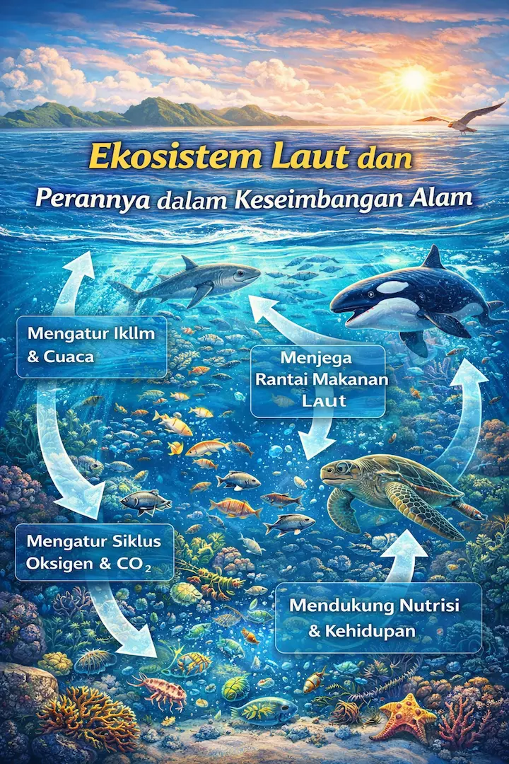 Ilustrasi ekosistem laut yang menunjukkan interaksi biota laut dalam menjaga keseimbangan alam