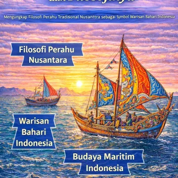 Ilustrasi perahu tradisional Nusantara berlayar di laut dengan ukiran khas dan suasana budaya maritim Indonesia