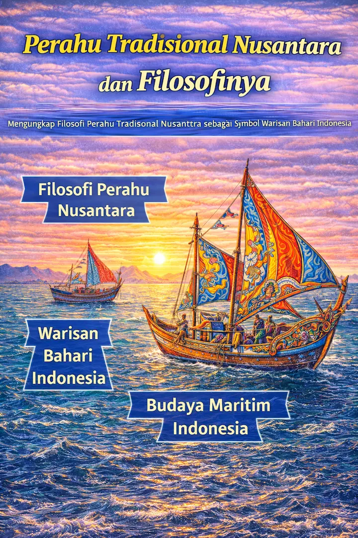 Ilustrasi perahu tradisional Nusantara berlayar di laut dengan ukiran khas dan suasana budaya maritim Indonesia