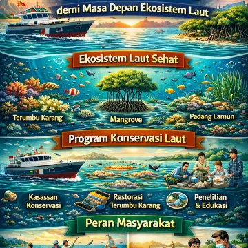 ilustrasi upaya konservasi laut di Indonesia dengan terumbu karang sehat, ikan tropis, dan kegiatan perlindungan laut