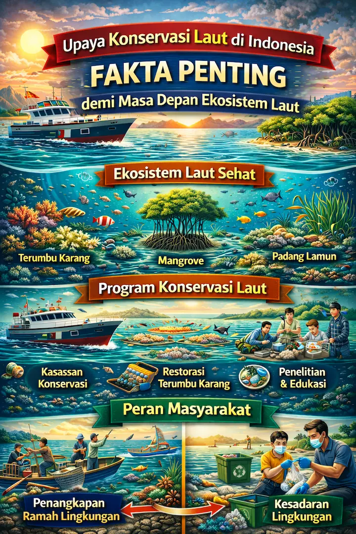 ilustrasi upaya konservasi laut di Indonesia dengan terumbu karang sehat, ikan tropis, dan kegiatan perlindungan laut