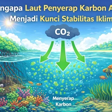 ilustrasi laut penyerap karbon alami dengan plankton dan ekosistem laut yang membantu menyerap karbon dioksida