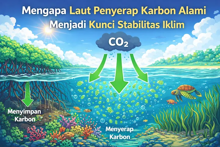 ilustrasi laut penyerap karbon alami dengan plankton dan ekosistem laut yang membantu menyerap karbon dioksida