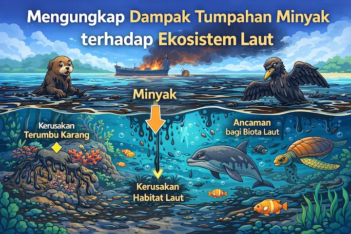 ilustrasi dampak tumpahan minyak laut terhadap ekosistem laut dan kehidupan biota laut