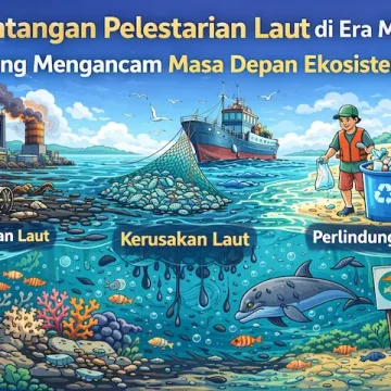 ilustrasi tantangan pelestarian laut di era modern dengan pencemaran laut dan upaya perlindungan ekosistem laut