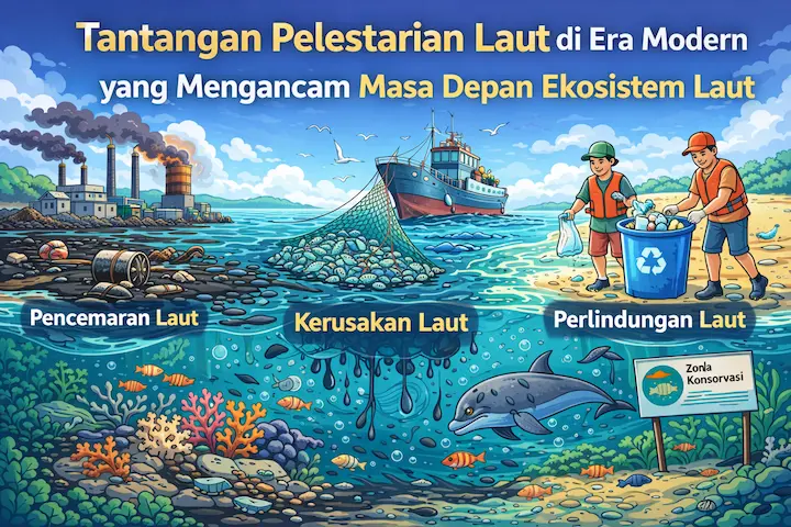 ilustrasi tantangan pelestarian laut di era modern dengan pencemaran laut dan upaya perlindungan ekosistem laut