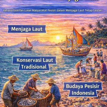 Ilustrasi kearifan lokal masyarakat pesisir menjaga laut dengan aktivitas nelayan tradisional dan suasana budaya pesisir Indonesia
