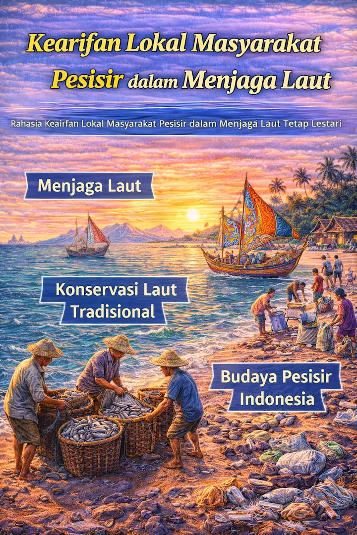 Ilustrasi kearifan lokal masyarakat pesisir menjaga laut dengan aktivitas nelayan tradisional dan suasana budaya pesisir Indonesia