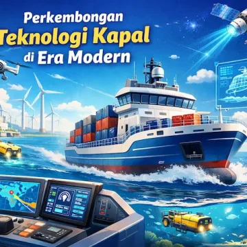 ilustrasi teknologi kapal modern dengan kapal canggih dan sistem navigasi terbaru