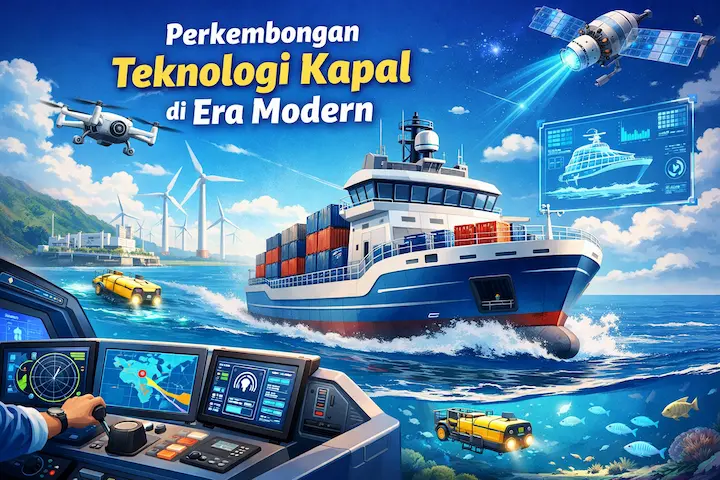 ilustrasi teknologi kapal modern dengan kapal canggih dan sistem navigasi terbaru