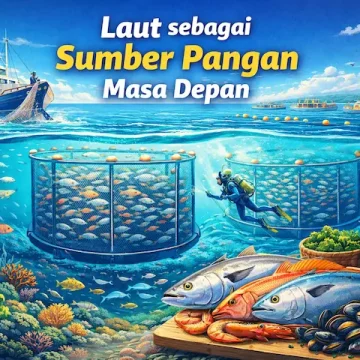 ilustrasi laut sebagai sumber pangan masa depan dengan budidaya ikan dan hasil laut melimpah