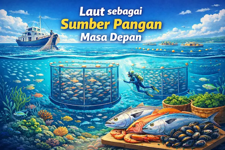 ilustrasi laut sebagai sumber pangan masa depan dengan budidaya ikan dan hasil laut melimpah