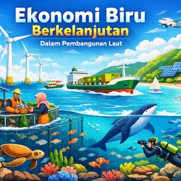 ilustrasi ekonomi biru berkelanjutan dengan aktivitas laut dan lingkungan yang terjaga