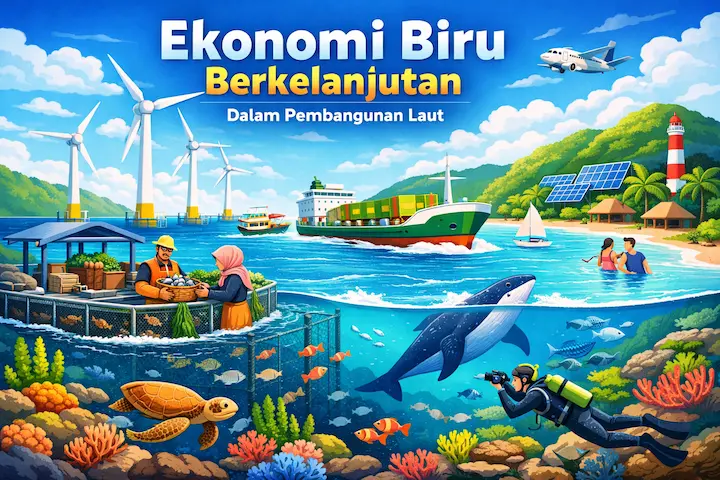 ilustrasi ekonomi biru berkelanjutan dengan aktivitas laut dan lingkungan yang terjaga