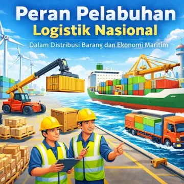 ilustrasi pelabuhan modern dengan aktivitas distribusi barang dan kapal logistik