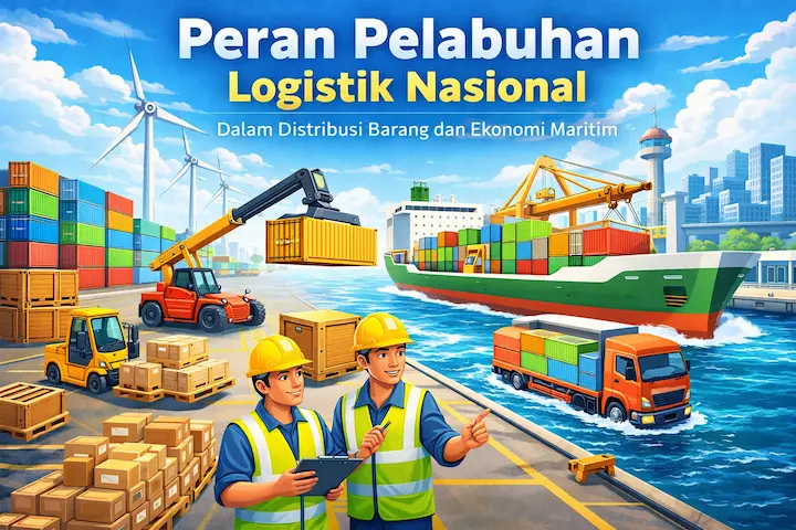 ilustrasi pelabuhan modern dengan aktivitas distribusi barang dan kapal logistik