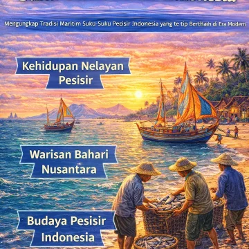 Ilustrasi perahu tradisional dan aktivitas nelayan sebagai simbol tradisi maritim suku-suku pesisir Indonesia