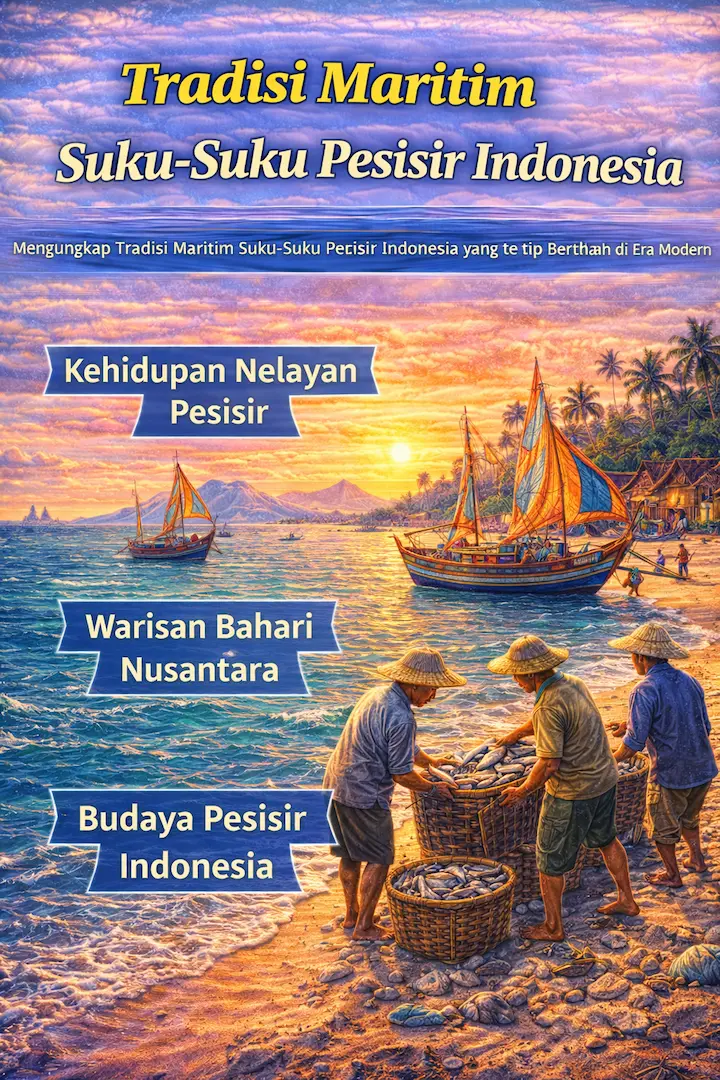 Ilustrasi perahu tradisional dan aktivitas nelayan sebagai simbol tradisi maritim suku-suku pesisir Indonesia