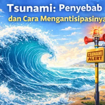 ilustrasi tsunami besar menuju pantai dengan sistem peringatan dini