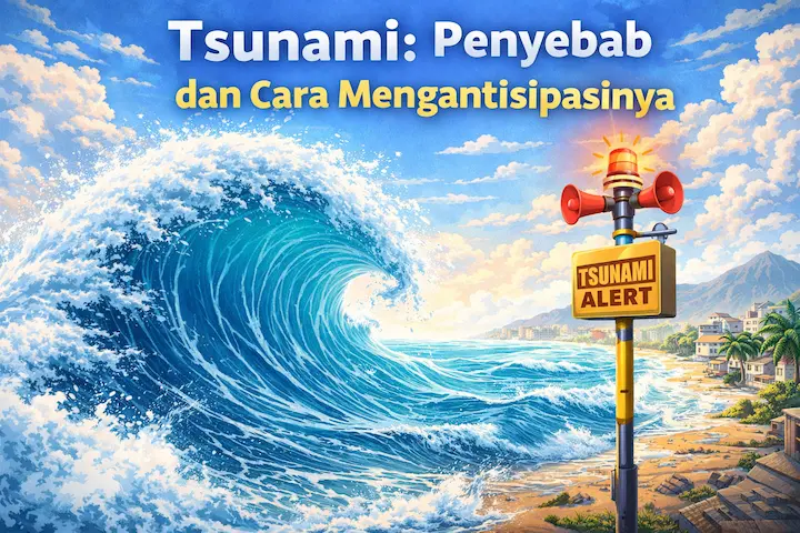ilustrasi tsunami besar menuju pantai dengan sistem peringatan dini