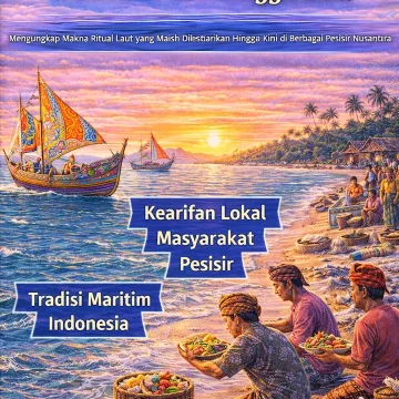 Ilustrasi ritual laut yang masih dilestarikan hingga kini dengan perahu tradisional dan masyarakat pesisir melakukan upacara adat di tepi pantai