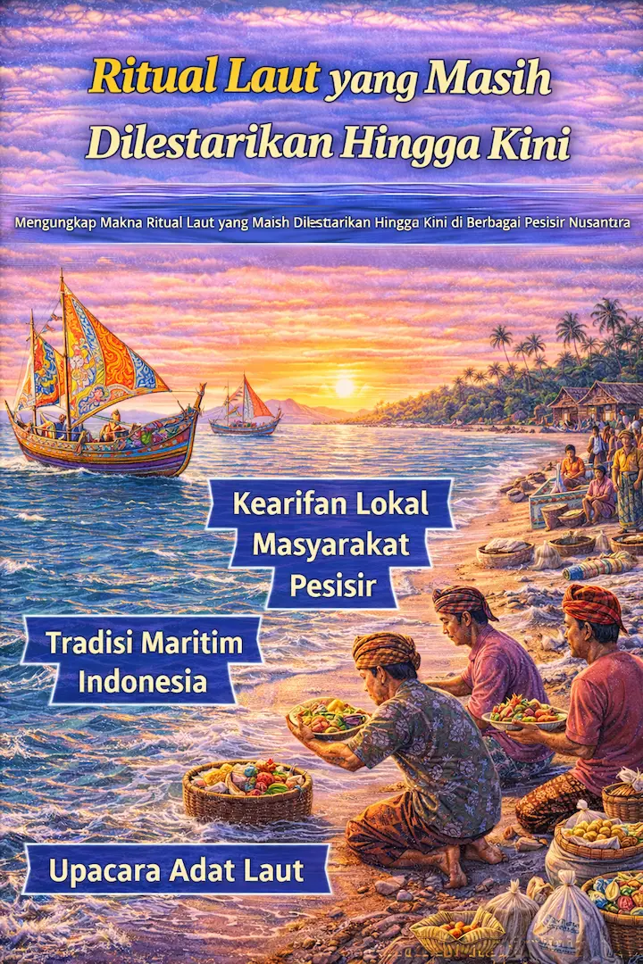 Ilustrasi ritual laut yang masih dilestarikan hingga kini dengan perahu tradisional dan masyarakat pesisir melakukan upacara adat di tepi pantai