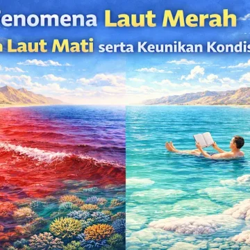 ilustrasi laut merah dan laut mati dengan perbedaan warna dan kondisi air unik