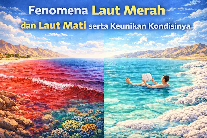 ilustrasi laut merah dan laut mati dengan perbedaan warna dan kondisi air unik
