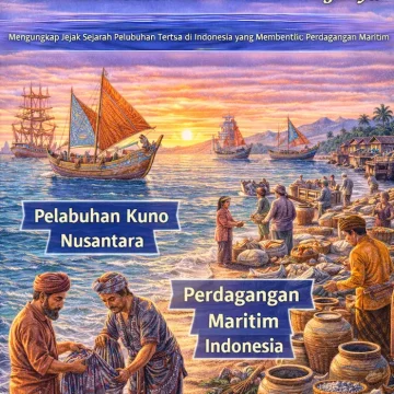 Ilustrasi sejarah pelabuhan tertua di Indonesia dengan kapal kayu tradisional dan aktivitas perdagangan di dermaga kuno