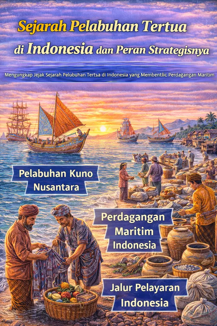 Ilustrasi sejarah pelabuhan tertua di Indonesia dengan kapal kayu tradisional dan aktivitas perdagangan di dermaga kuno